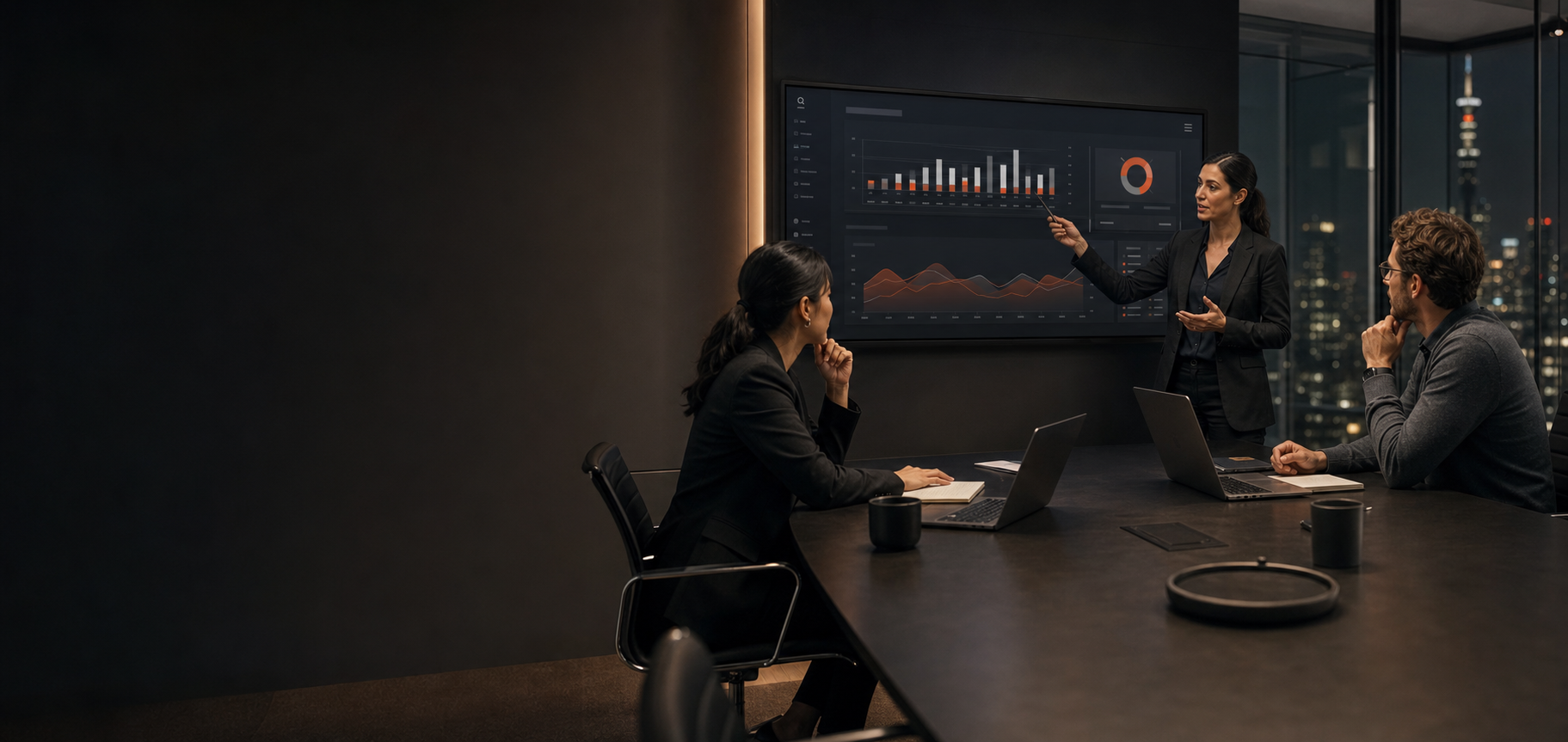 Business leaders and a software engineer reviewing product analytics in a modern boardroom